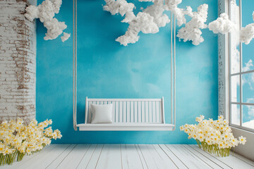 Bright blue wall adorned with white clouds and daffodils, creating a whimsical, uplifting artistic ambiance