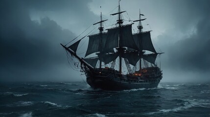 Majestic Sailing Ship Navigating Stormy Seas Under a Cloudy Night Sky With Bats Flying Above