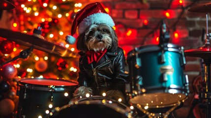 A fluffy dog wearing a Santa hat and leather jacket sits at a drum kit, surrounded by glowing Christmas lights and holiday decor. AI generated.