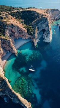 aerial view drone video of sailboat off the coast of an island