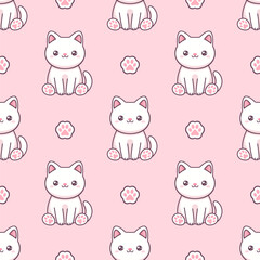 Obraz premium White cats and paw's prints on pink background. Vector seamless pattern.