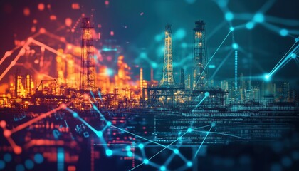 Silhouetted Oil Derricks With Glowing Digital Business Data And Analysis: A Double Exposure Of Mining Operations And Charts