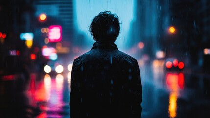 Silhouette of young caucasian man in rainy urban night scene with neon lights