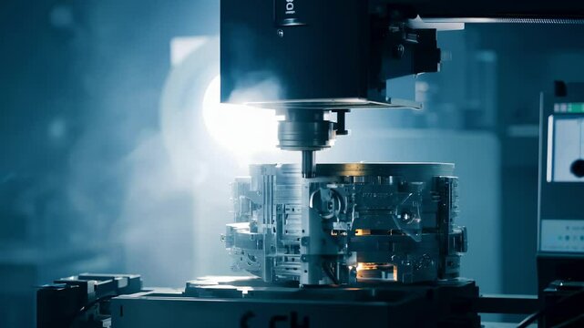 Innovative machinery operates in a high-tech facility, meticulously crafting a complex component under bright lights. Engineering meets artistry in this captivating industrial environment.