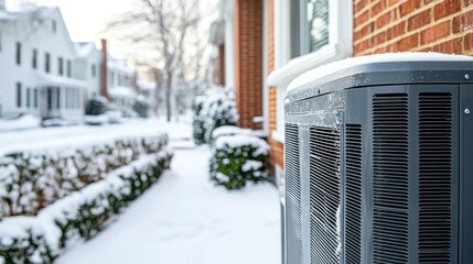 Fototapeta premium Snow-covered hvac unit outside brick house in winter neighborhood