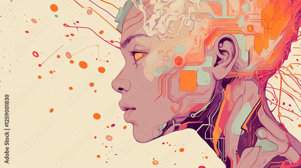 Poster digital illustration of a human face in profile, blending organic features with circuit patterns and