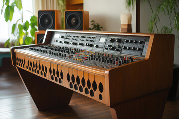 Vintage sound console on modernist side table with elegant design merging classic and contemporary aesthetics