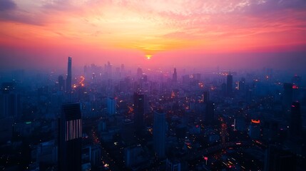 Fototapeta premium Bright sunset over the city with a skyscrapers.