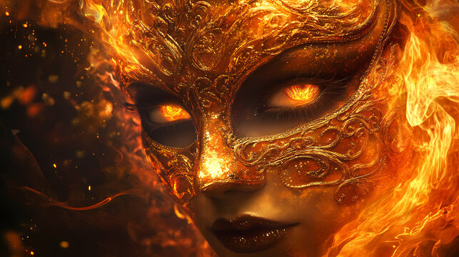 A fiery, otherworldly masquerade mask, seemingly sculpted from molten stone and flame, gazes intensely, embodying a dramatic and enigmatic carnival spirit. Otherworldly Carnival. Illustration
