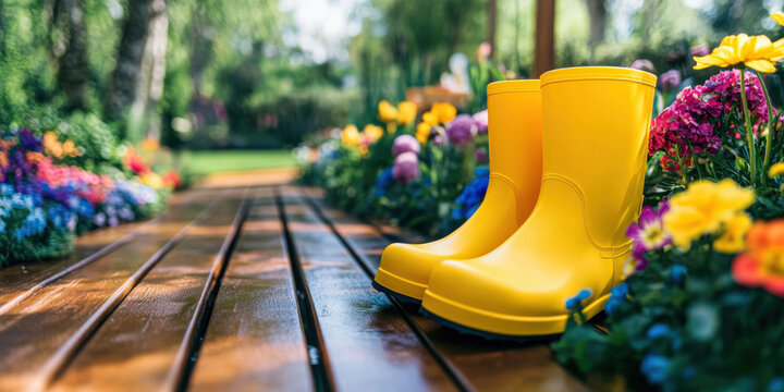 Pair of yellow rain boots in garden with colorful flowers. Spring concept banner for landscaping, gardening or park design. - Powered by Adobe