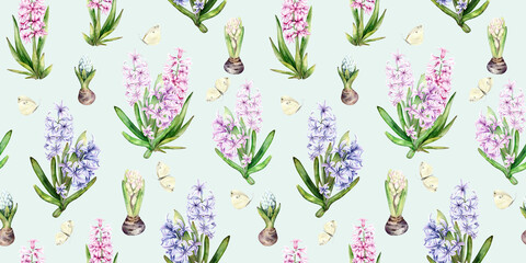 Seamless pattern of spring flowers Hyacinths and moths watercolor illustration on mint background. Hand drawn primrose flowers for floral designs in delicate pastel colors.