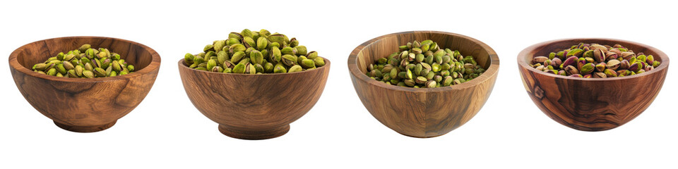 Pistachio in a wooden bowl isolated on transparent background ,PNG, set of