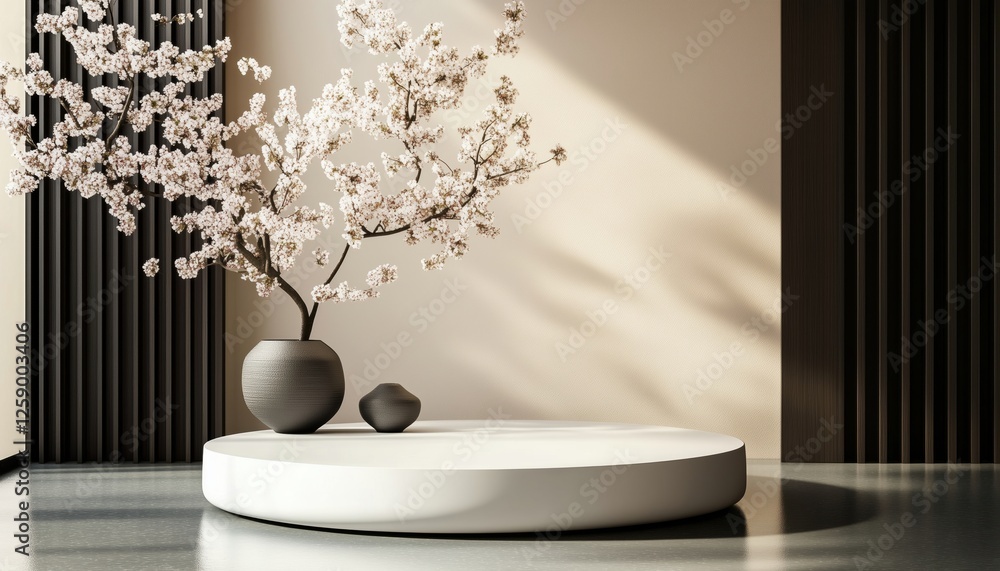 Poster japanese podium and cherry blossom white for product presentation - 3d rendering of a presentation s