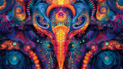 Fototapeta premium Complex otherworldly design with beautiful organic shapes and precise geometric patterns in contemporary colors. Otherworldly Carnival. Illustration