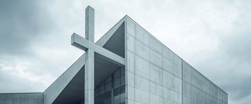 Modern concrete building with cross design, showcasing architectural minimalism and religious symbolism against a cloudy sky.