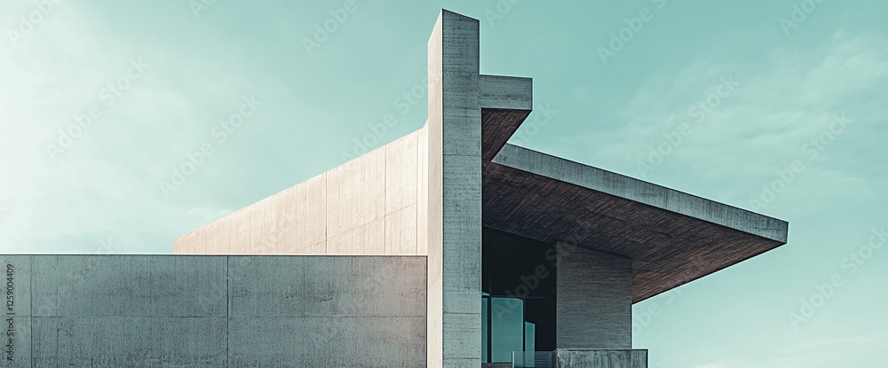 Poster Modern minimalist building with a unique design, showcasing geometric concrete shapes and clean lines, representing contemporary architecture and innovative design.