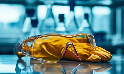 Pair of safety glasses and gloves resting on a table represent protective gear for work