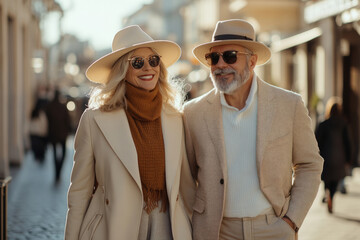 Stylish senior couple walking in city
