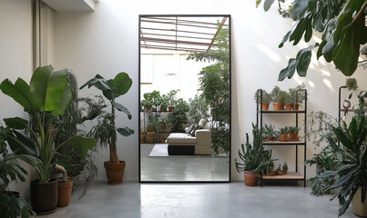 Dramatic oversized mirror with industrial iron frame creates bold statement art for modern interior design