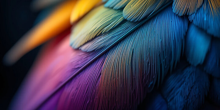 wide macro closeup background image of beautiful smooth finished natural macaw parrot feather texture with colorful and vibrant colour tones   