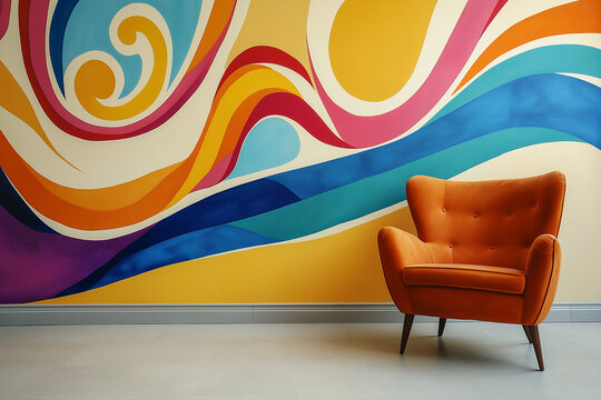Cream wall featuring vibrant multicolored abstract artwork exudes artistic flair and contemporary sophistication in decor