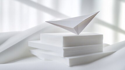 Paper plane balancing on stack of papers symbolizing new business
