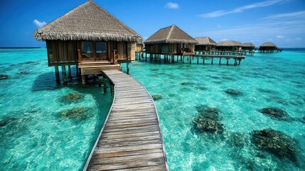 Overwater bungalows line a tranquil turquoise lagoon