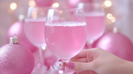 Pink fizz in glasses with caucasian woman's hand and sparkling decorations