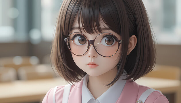 A cute anime-style schoolgirl with big round glasses, soft bob-cut hair, blushing cheeks, and a pastel pink school uniform