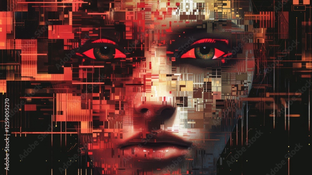 Aufkleber futuristic ai-generated abstract portrait blending human features with intricate red digital pattern