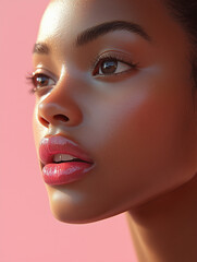 A close-up portrait of a woman with glowing skin and soft features. Her gaze is focused, and her lips are tinted with a subtle pink shade. The image is framed with a pink background.