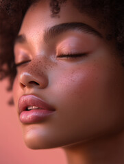 A close-up shot of a woman with closed eyes, showing her natural beauty and radiant skin. Her soft lips are tinted with a subtle pink shade, and her skin is glowing with a smooth texture.