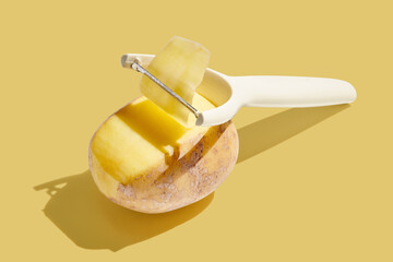 Knife slicing potato on yellow pastel background