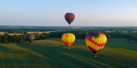 Fototapeta premium Hot Air Balloons Floating Above Scenic Rolling Hills