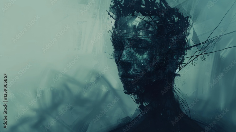 Poster a hauntingly beautiful abstract portrait featuring a figure with a wireframe-inspired design and dee