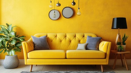 Yellow velvet sofa in a mustard yellow room with gray pillows, plant, lamp, and round mirrors.