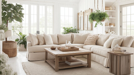 Bright and airy farmhouse living room featuring sophisticated design, merging rustic charm with modern comfort