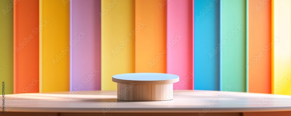 Aufkleber minimal round wooden podium displaying product on colorful background for advertising