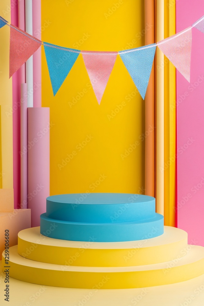 Poster Round blue podium displaying on yellow background with colorful flags for party decoration