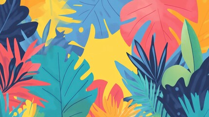 Vibrant tropical leaves frame on yellow.