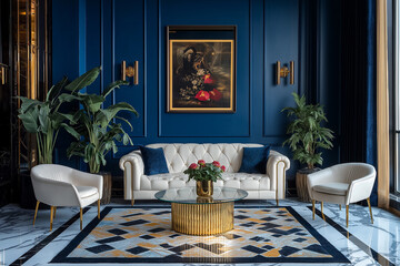 Luxurious Art Deco living room with velvet seating and bold geometric accents exudes timeless elegance