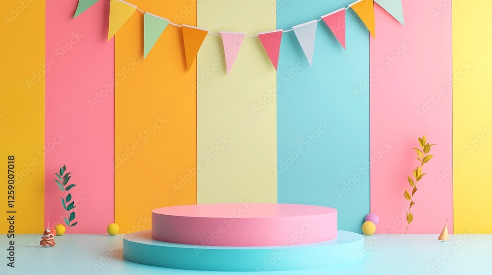 Poster minimal pastel colors product display podium with party flags hanging on colorful background