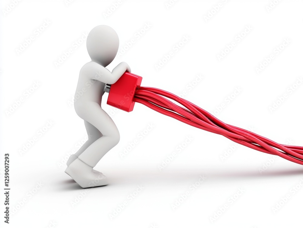 Poster 3d figure struggles with tangled red cable connection on white background. possible use technology, 