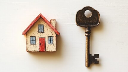 Cozy pastel sketch of a home alongside a shiny key on a white surface