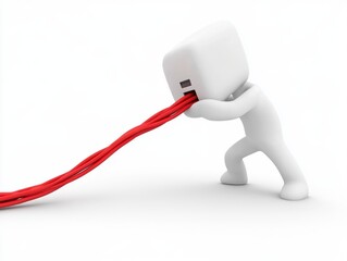 3D figure pulling red cables from a square head, isolated white background