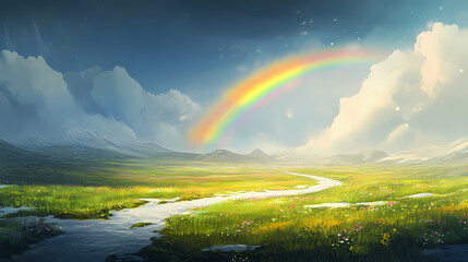 Naklejka premium A soft spring rainbow appearing over a field with patches of melting snow and fresh green grass. Molten Rain. Illustration