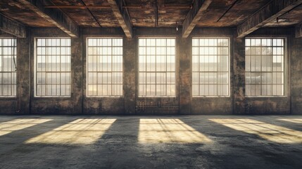 Sunlight streams through large windows in a derelict industrial building's interior.
