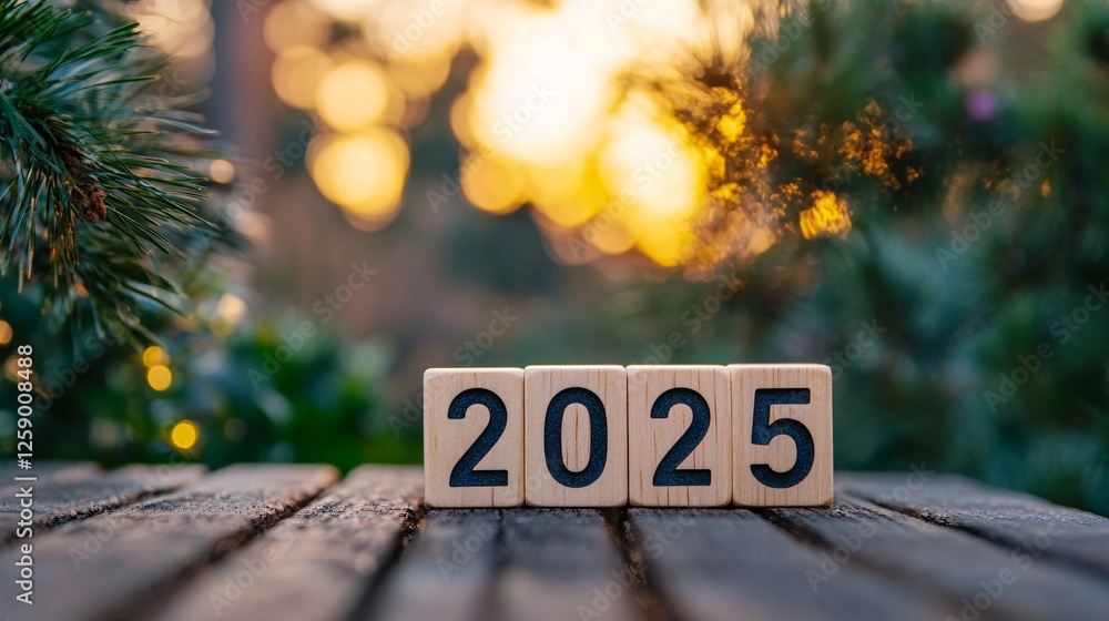 Poster 2025 written on wooden cubes on a table with pine branches and bokeh lights in the background