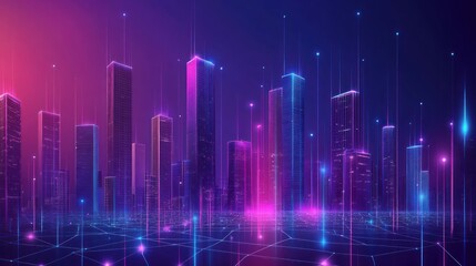 Futuristic cityscape at night with neon lights and digital network.