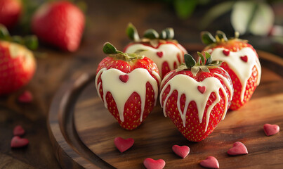 Gourmet white chocolate-dipped ripe strawberries elegantly displayed, offering a luxurious, indulgent dessert experience